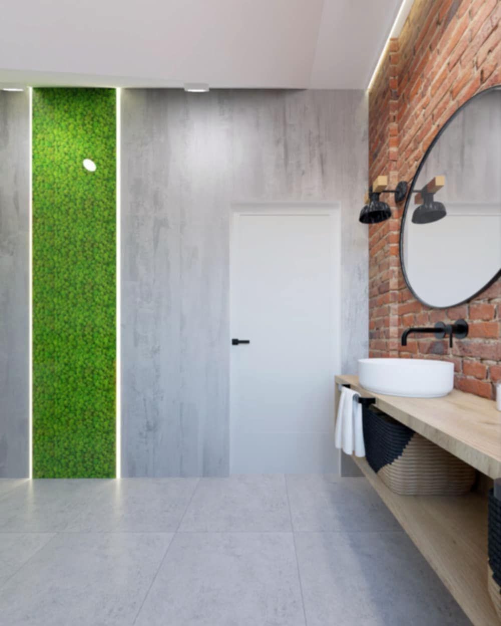 Nowoczesna łazienka z pionowym panelem z mchu, ceglaną ścianą, okrągłym lustrem i umywalką nablatową.