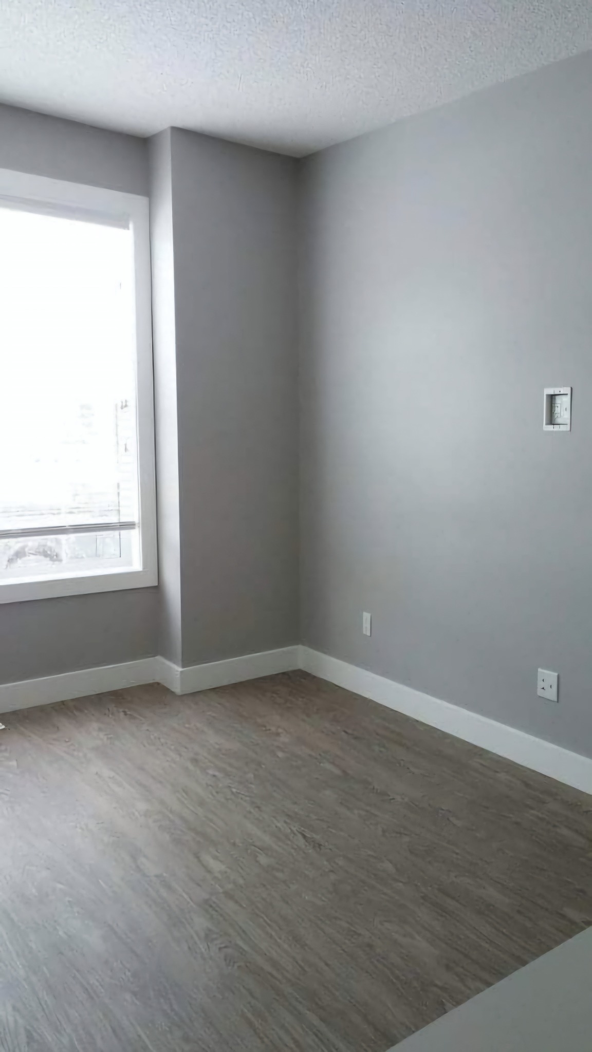 Pomalowane na szaro puste pomieszczenie z panelami podłogowymi, białymi listwami przypodłogowymi i oknem po lewej stronie.