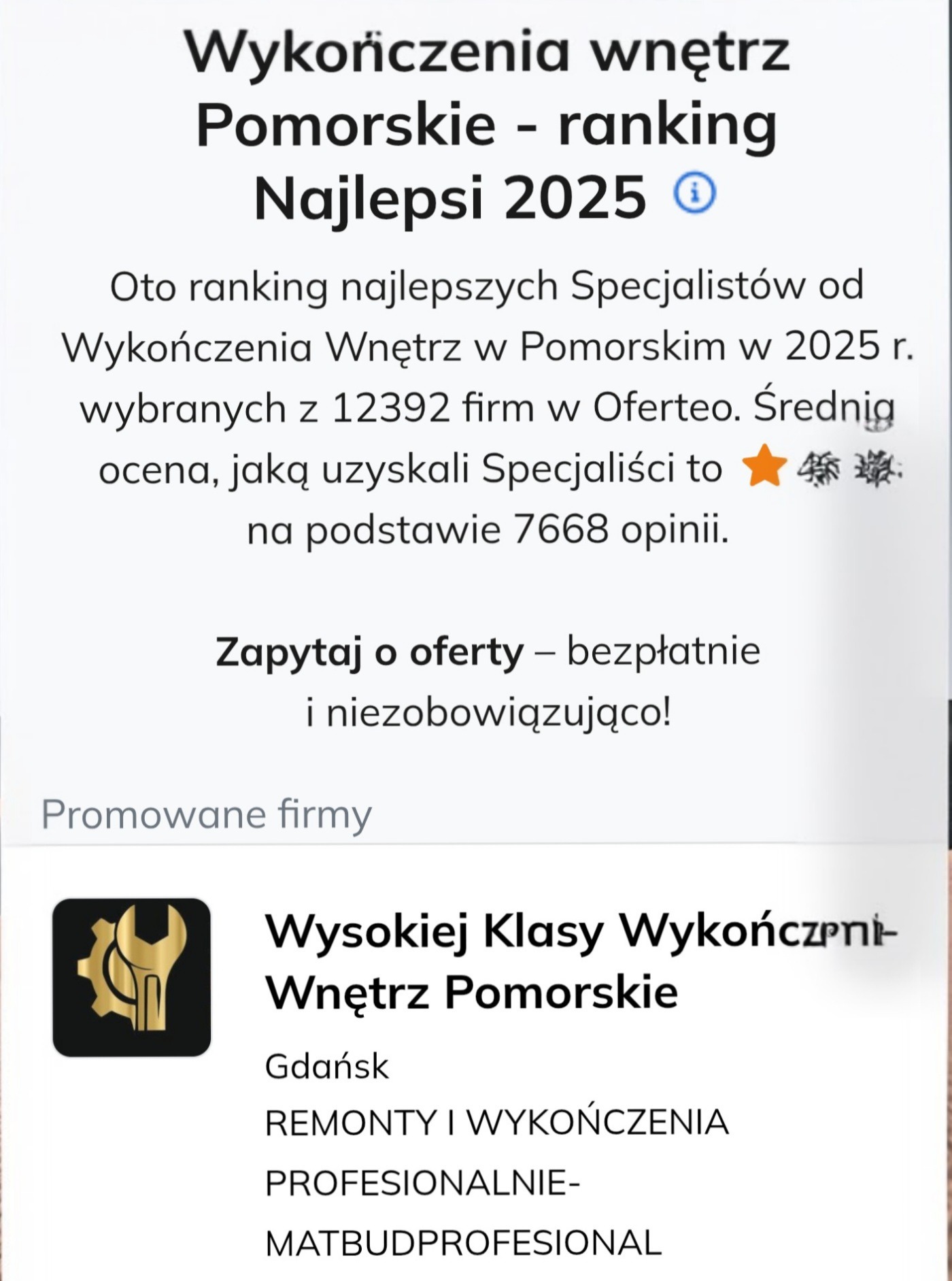 Reklama rankingu najlepszych specjalistów od wykończenia wnętrz w Pomorskim w 2025 roku, z logo firmy oferującej usługi remontowe i wykończeniowe.
