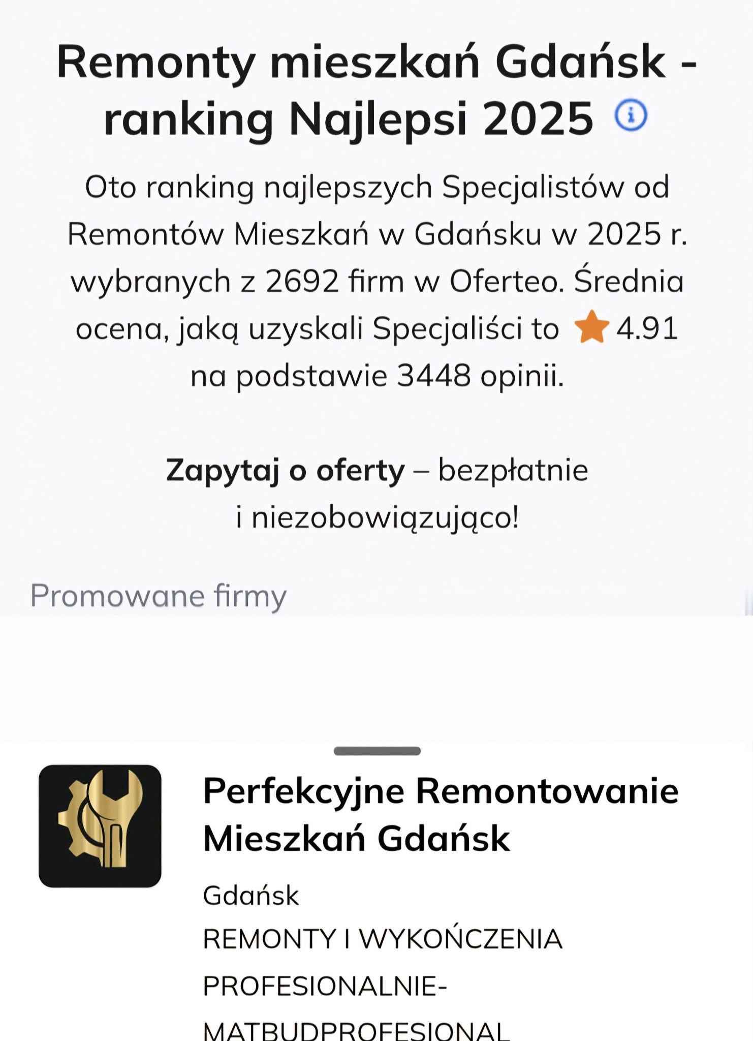 Ranking Oferteo najlepszych specjalistów od remontów mieszkań w Gdańsku w 2025 roku, logo firmy remontowej z symbolem klucza i koła zębatego.