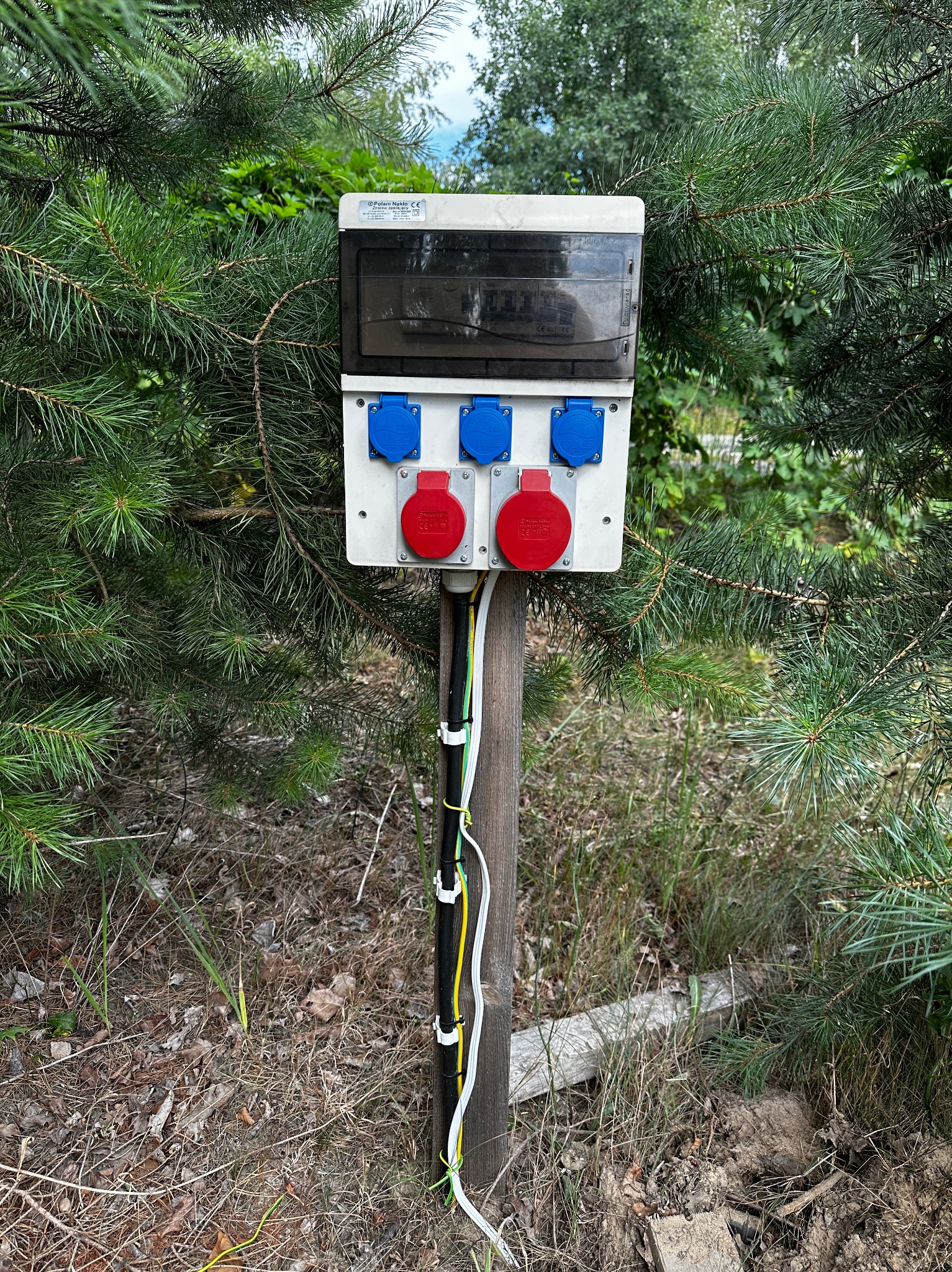 Zewnętrzna skrzynka elektryczna z gniazdami siłowymi (czerwone) i standardowymi (niebieskie) zamontowana na drewnianym słupku, otoczona zielenią.