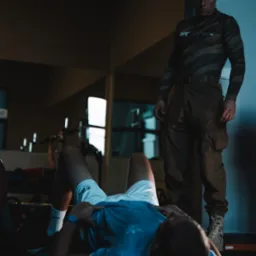 Mężczyzna w kamuflażu UFC nadzoruje ćwiczenie mostu biodrowego z obciążeniem przez klienta na macie w siłowni.