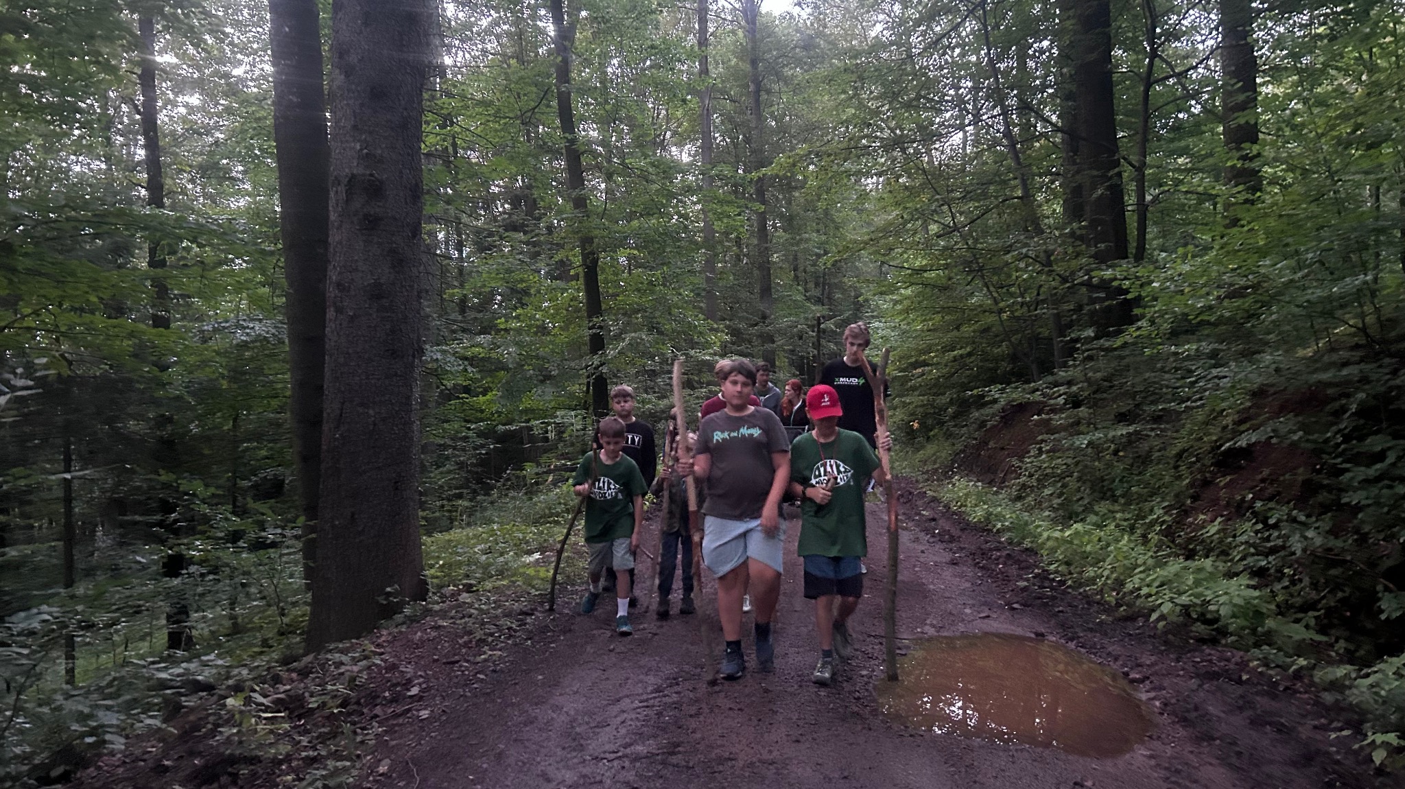 Grupa dzieci z kijkami w lesie, idąca po błotnistej drodze. Uczestnicy leśnej wyprawy edukacyjnej, zorganizowanej przez agencję eventową. Aktywny wypoczynek na łonie natury.