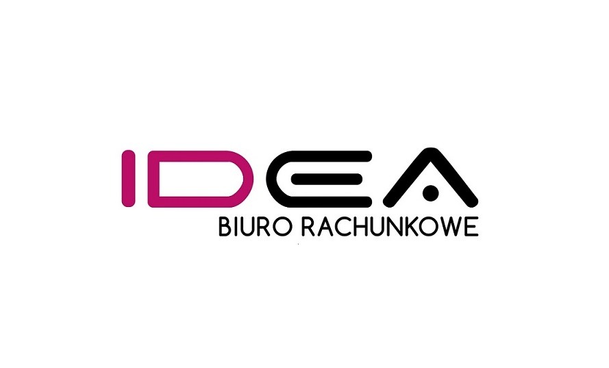 Logo biura rachunkowego IDEA z fioletowym 'ID', czarnym 'EA' i napisem 'BIURO RACHUNKOWE' poniżej, na białym tle.
