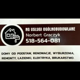 Wizytówka firmy NG Usługi Ogólnobudowlane Norbert Graczyk, z logo przedstawiającym dom i wałek malarski, numer telefonu 518-564-081 oraz ofertą: domy od podstaw, renowacje, wyburzenia, remonty...