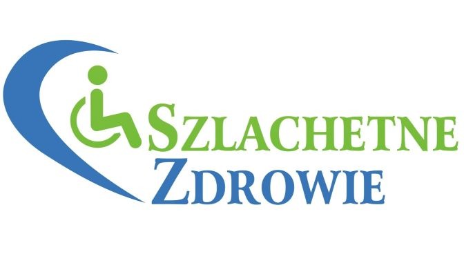Logo firmy 'Szlachetne Zdrowie' z symbolem osoby na wózku inwalidzkim w kolorze zielonym, otoczone niebieskim łukiem.