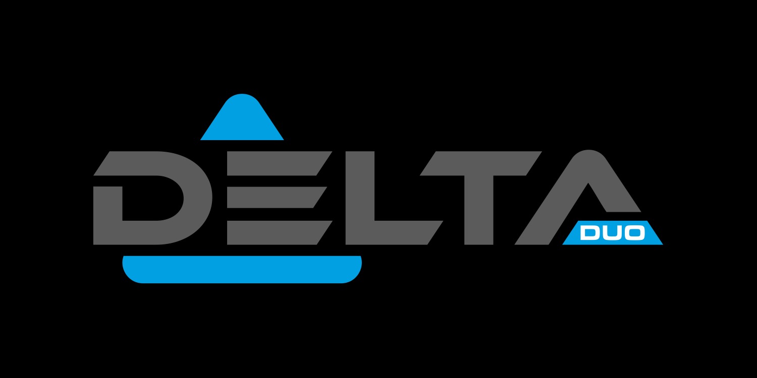 Szare logo 'DELTA' z niebieskimi akcentami i napisem 'DUO' w niebieskiej ramce na czarnym tle. Nowoczesny, geometryczny design.