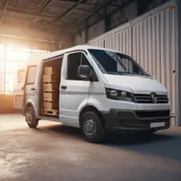 Biały bus dostawczy z otwartymi drzwiami bocznymi, załadowany kartonami na paletach wewnątrz magazynu z betonową podłogą i widoczną konstrukcją dachu.