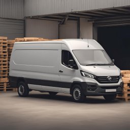 BGU Usługi Transportowe Przeprowadzki Transport Mebli Białystok - Biały samochód dostawczy typu furgon stoi przed magazynem, obok stosu drewnianych palet. Widoczny fragment karoserii, koła i reflektory. Magazyn z metalowymi drzwiami w tle.