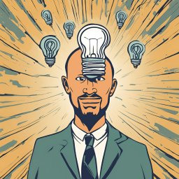 BGU Usługi Transportowe Przeprowadzki Transport Mebli Białystok - Stylizowana ilustracja mężczyzny w garniturze z żarówką zamiast włosów i mniejszymi żarówkami unoszącymi się nad głową, na tle z promieniami.
