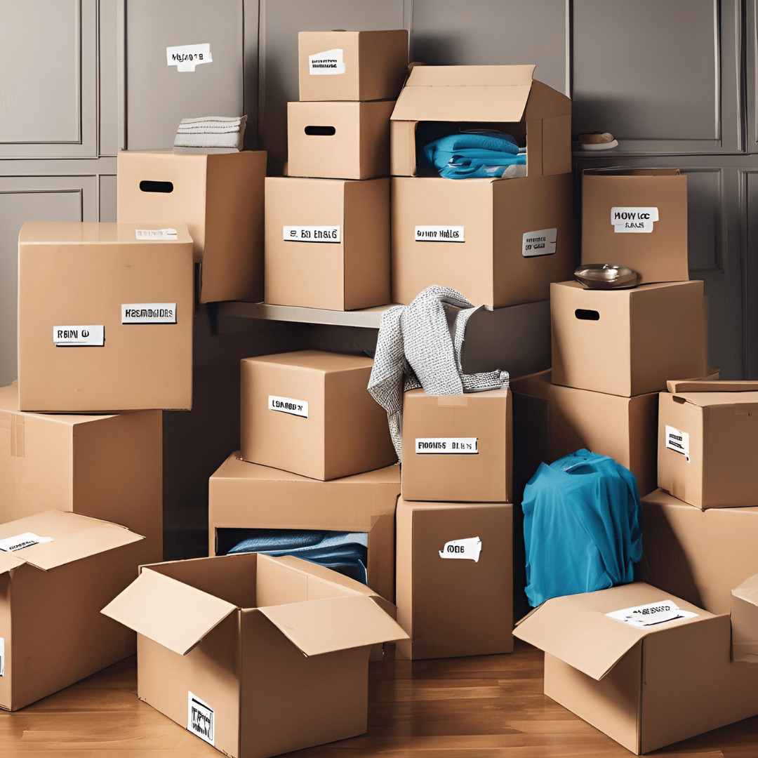 Stos kartonowych pudeł różnej wielkości, niektóre otwarte, wypełnione ubraniami i przedmiotami, na drewnianej podłodze, przygotowane do transportu lub przechowywania.