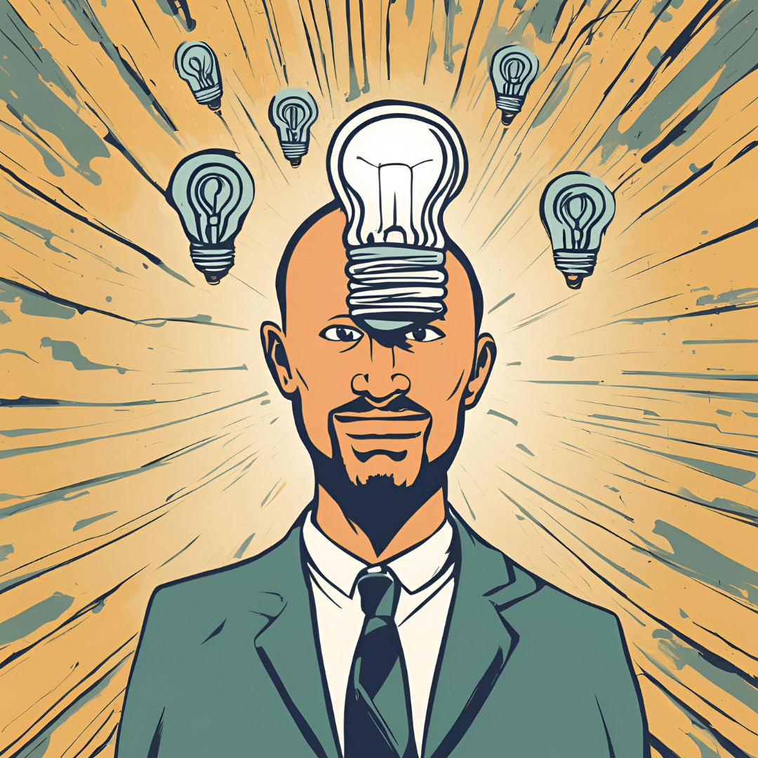 Stylizowana ilustracja mężczyzny w garniturze z żarówką zamiast włosów i mniejszymi żarówkami unoszącymi się nad głową, na tle z promieniami.