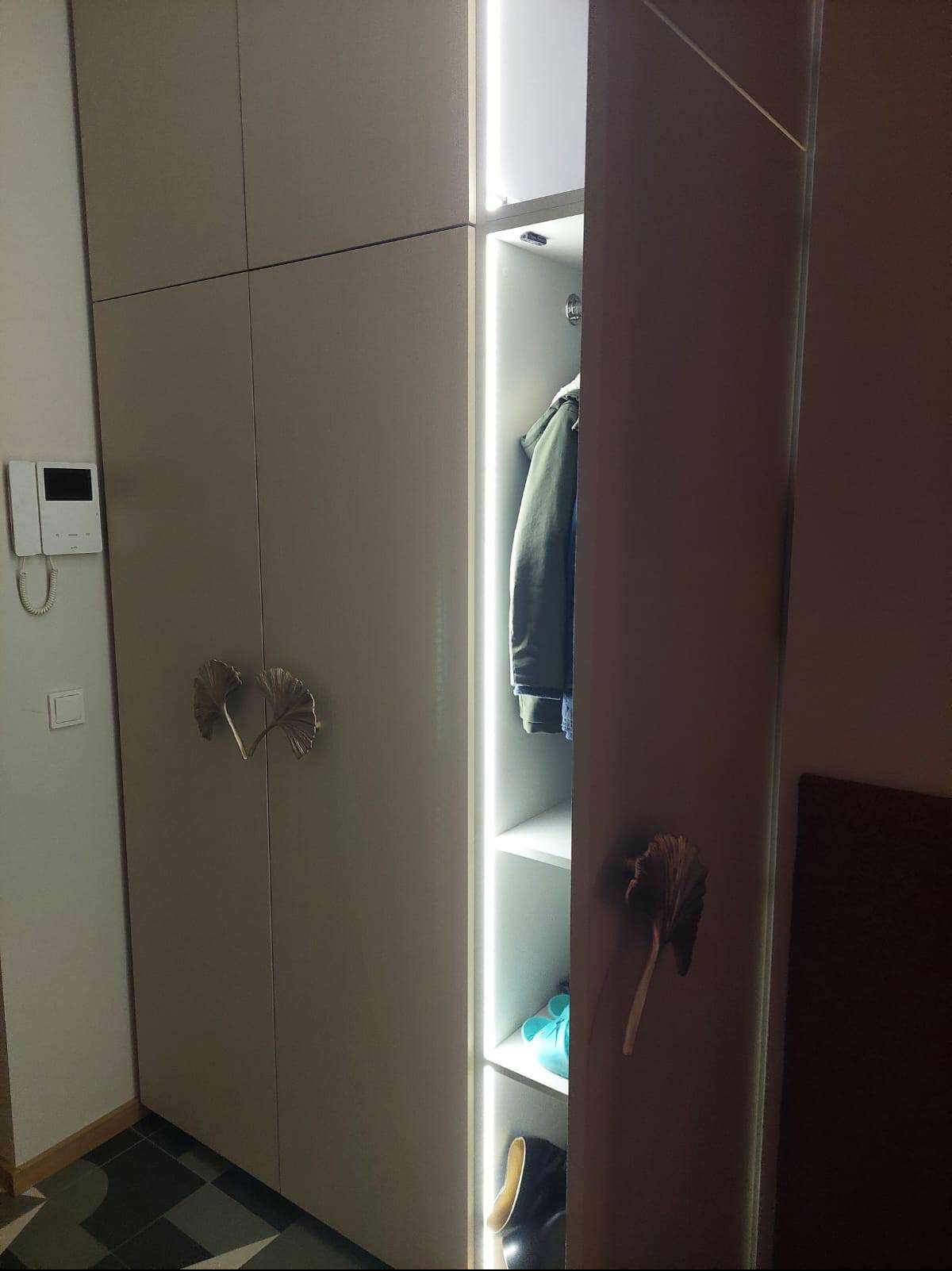 Beżowa szafa z oświetleniem LED wewnątrz, ozdobne uchwyty w kształcie liści miłorzębu, widoczny fragment wnętrza z ubraniami i akcesoriami.