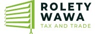 Grafika z logotypem firmy 'Rolety WAWA TAX and TRADE' z ikoną zielonych żaluzji poziomych po lewej stronie.