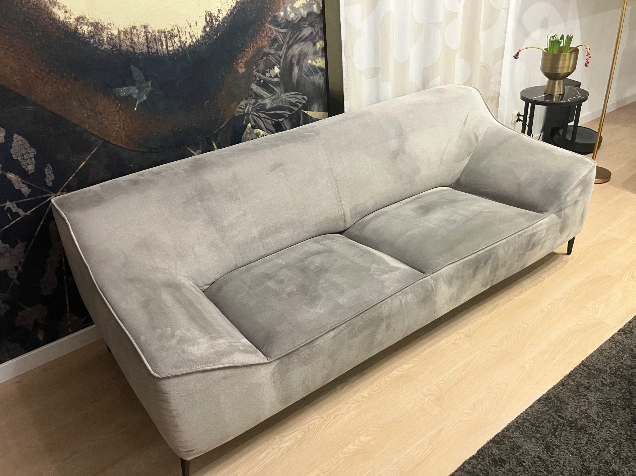 Szara, welurowa kanapa na drewnianej podłodze, z widocznym fragmentem ciemnego dywanu, dekoracyjną grafiką na ścianie i stolikiem z kwiatami w tle.