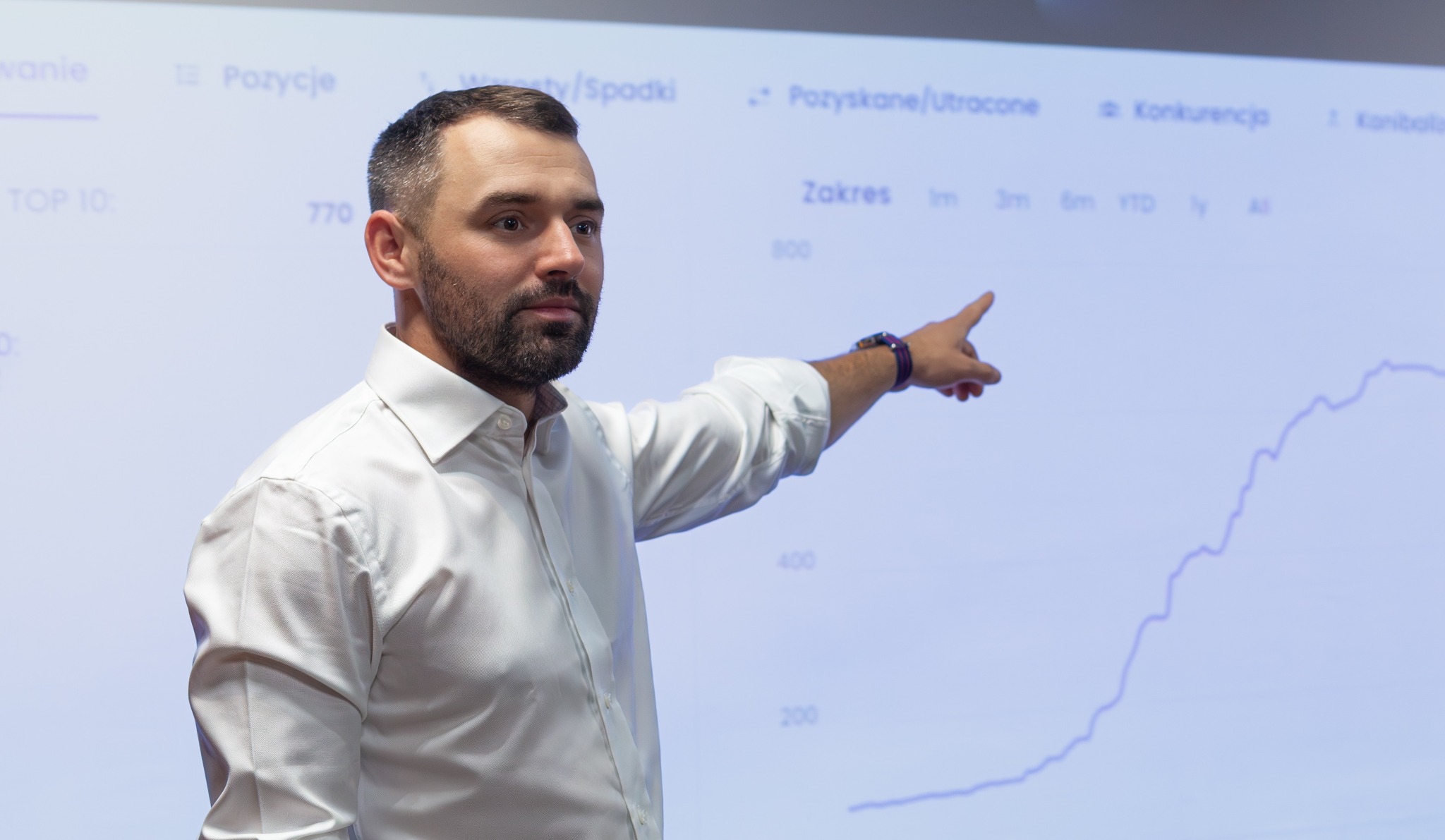Mężczyzna w białej koszuli prezentuje wykres wzrostu na ekranie, wskazując palcem na rosnącą linię, z widocznymi nagłówkami 'Pozycje', 'Pozyskane/Utracone' i zakresem czasowym.