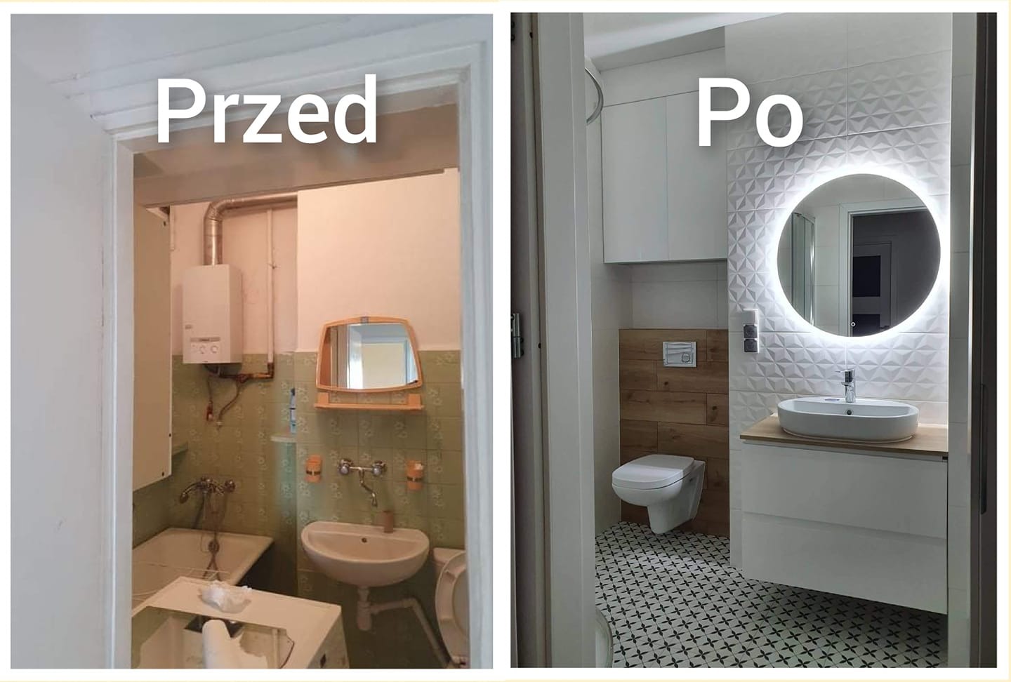 Porównanie łazienki przed i po remoncie: po lewej stronie stara łazienka z zielonymi płytkami i bojlerem, po prawej nowoczesna łazienka z białymi płytkami 3D, okrągłym lustrem z podświetleniem LED,...