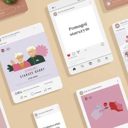 FIRMAONE - Tulip Studio - Mockup prezentujący serię postów w mediach społecznościowych na temat pomocy seniorom, z ilustracjami i hasłami w języku polskim