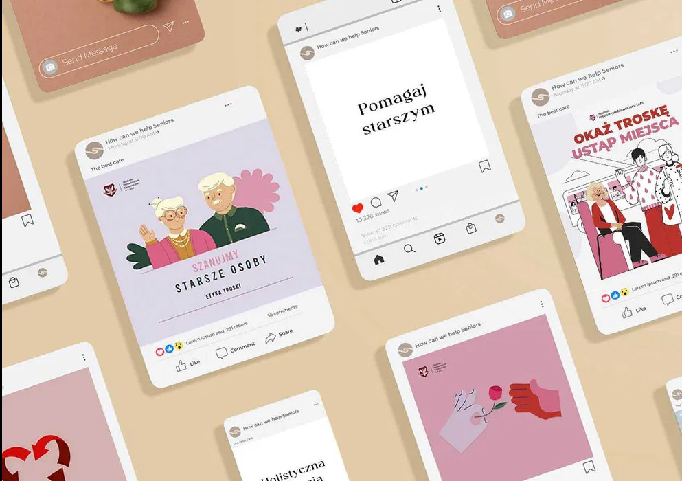 Mockup prezentujący serię postów w mediach społecznościowych na temat pomocy seniorom, z ilustracjami i hasłami w języku polskim
