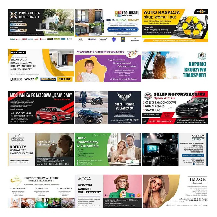 Kompilacja reklam różnych firm: pompy ciepła, okna i drzwi, auto kasacja, przedszkole muzyczne, koparki, mechanika pojazdowa, sklep motoryzacyjny, kredyty, bank spółdzielczy, instytut urody...