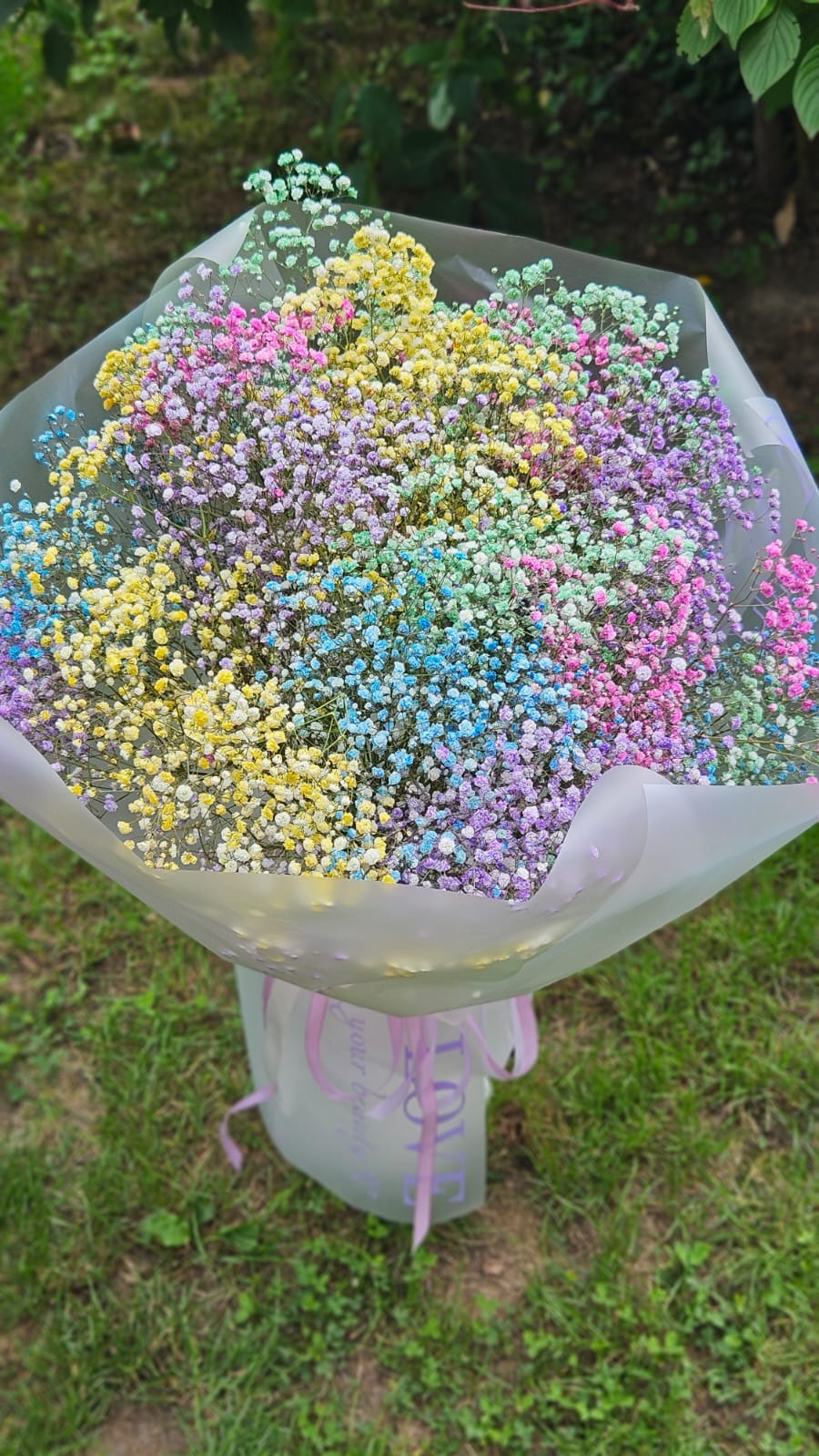 Duży bukiet gipsówki barwionej na różne kolory (żółty, niebieski, fioletowy, różowy, zielony) owinięty w przezroczysty papier z fioletową wstążką na trawie.