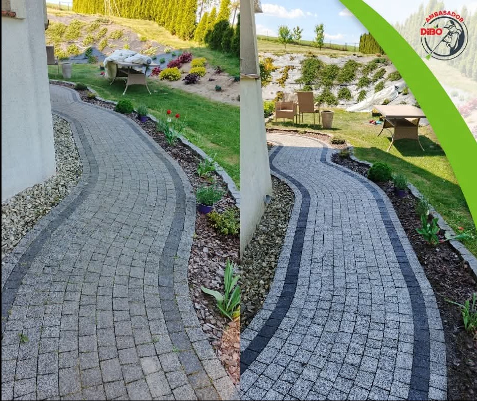 Kostka brukowa przed i po czyszczeniu, widok na zakrzywiony chodnik z granitu, zieleń w tle, efekt czyszczenia z podziałem na pół.