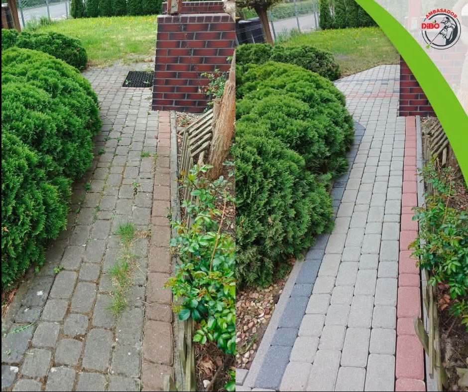 Porównanie stanu kostki brukowej przed i po czyszczeniu. Po lewej brudna, po prawej czysta, z wyraźnym odświeżeniem koloru. Widoczne krzewy i elementy architektury ogrodowej.