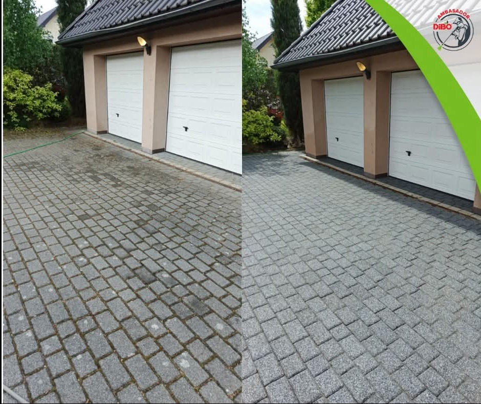 Efekt mycia kostki brukowej przed garażem dwustanowiskowym, prezentowany w formacie 'przed i po', z wyraźną różnicą w czystości kostki.