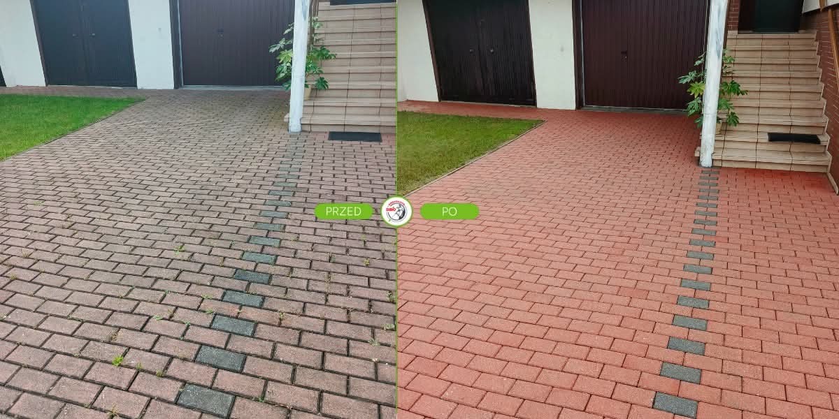 Kostka brukowa przed i po czyszczeniu, widok z góry. Po lewej stronie kostka brudna z porostami, po prawej czysta, z intensywnym czerwonym kolorem. Efekt 'przed i po'.