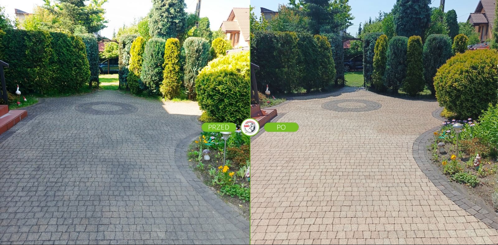 Efekt 'przed i po' czyszczenia kostki brukowej w Opolu. Lewa strona brudna, prawa strona czysta, jasna. Widoczne rośliny i krzewy w tle.