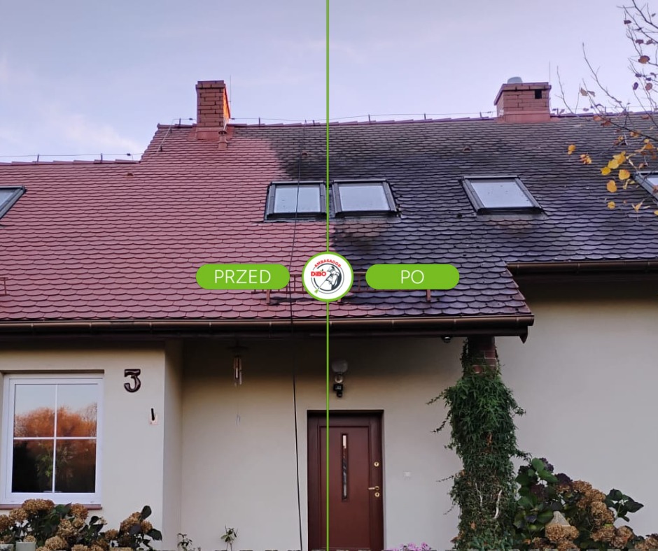 Efekt mycia dachu przed i po: połowa dachu z czerwoną dachówką, druga połowa wyczyszczona, ciemnoszara. Widoczne okna dachowe i fragment elewacji domu.