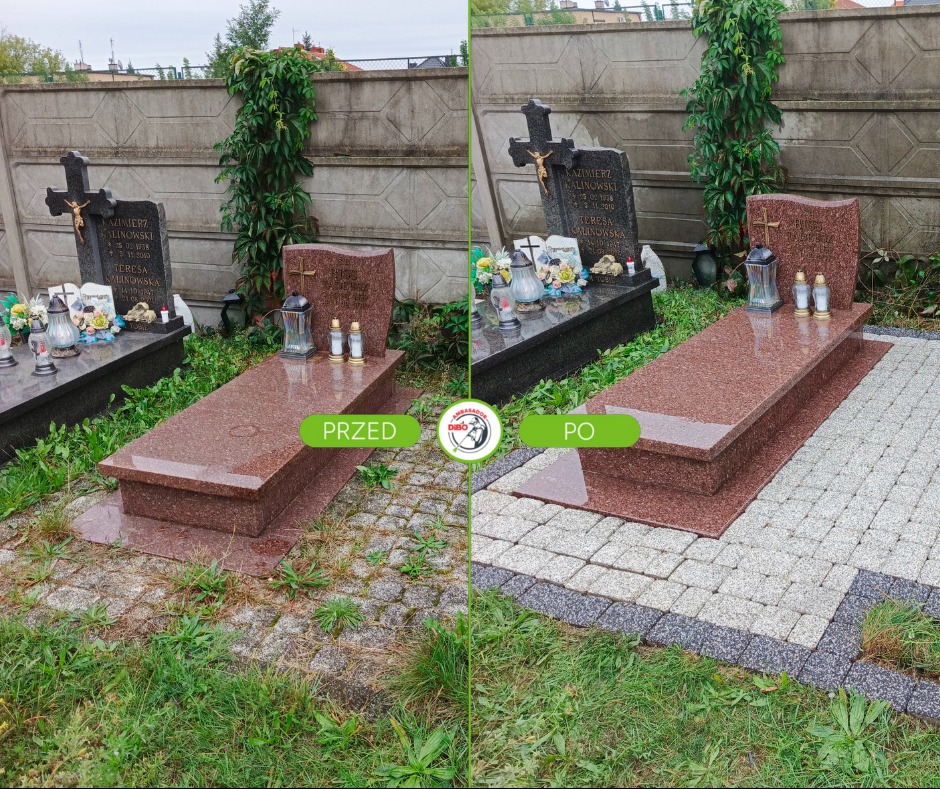 Nagrobek z czerwonego granitu: po lewej stronie zabrudzony, po prawej wyczyszczony, otoczony nową, jasną kostką brukową. Efekt 'przed i po' z logotypem.