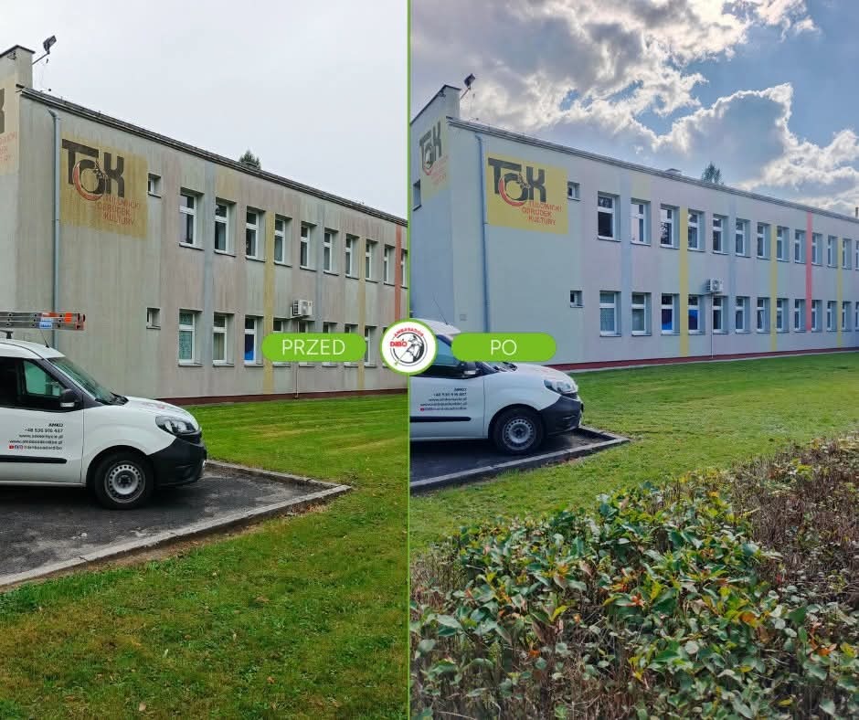 Budynek po myciu elewacji, widok 'przed i po' z samochodem firmy. Po prawej stronie budynku widać kolorowe pasy. Na budynku widnieje logo 'TOK'.