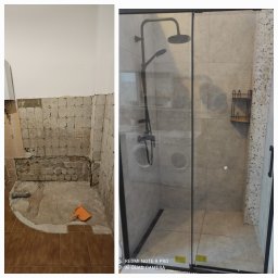 Sergei Patrikejev SPAT - Porównanie stanu łazienki przed i po remoncie: zdemontowane płytki i gruz po lewej, kabina prysznicowa z czarną armaturą i jasnymi płytkami po prawej stronie.