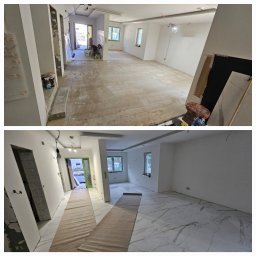 Sergei Patrikejev SPAT - Dwuetapowe ujęcie wnętrza: surowy stan z betonową podłogą i przygotowane pomieszczenie z marmurową posadzką, zabezpieczoną kartonem falistym.