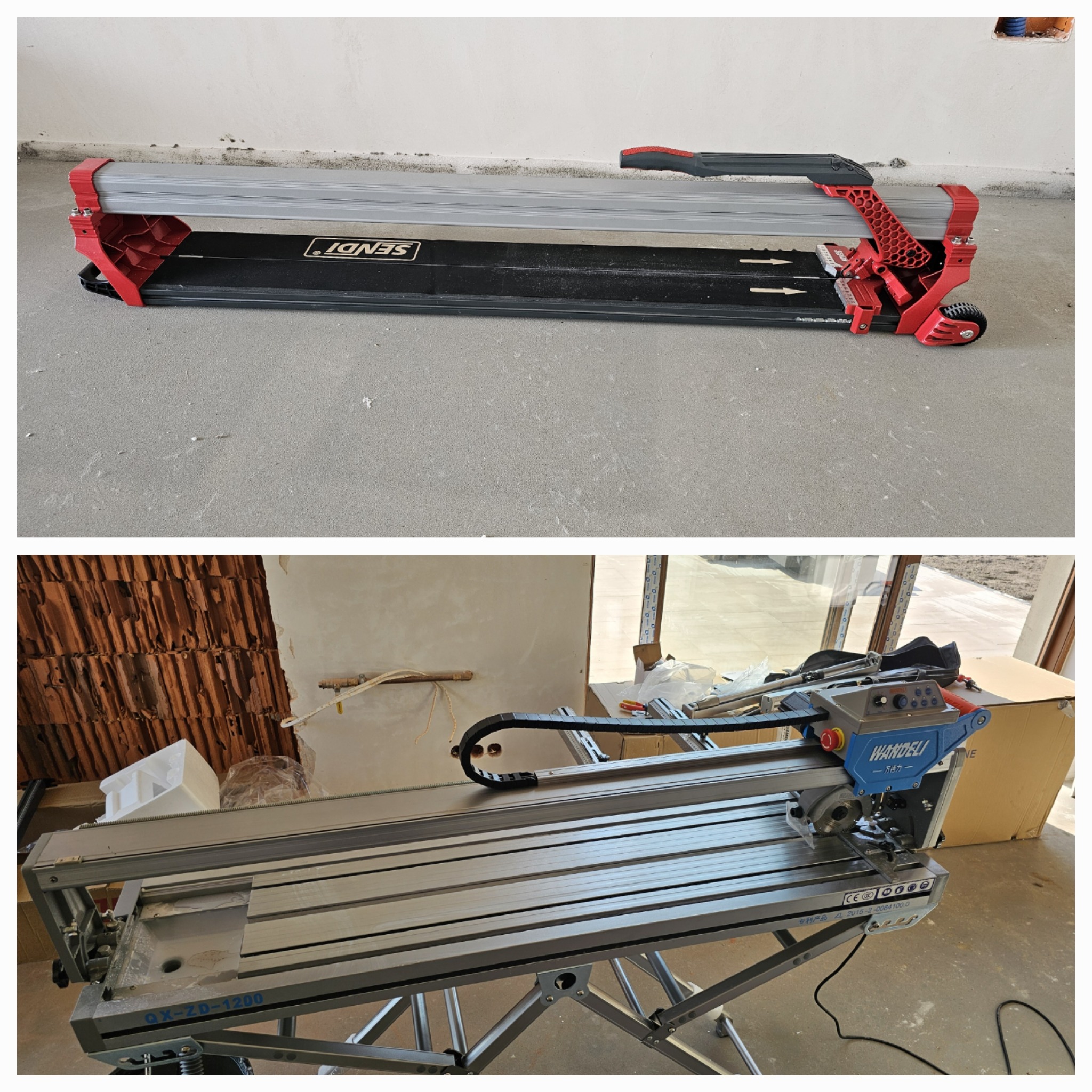 Dwie różne przecinarki do płytek: górna to model SENDI z czerwonymi elementami, dolna to WANDELI QX-ZD-1200 na metalowym stelażu, obie w surowym wnętrzu w trakcie prac.