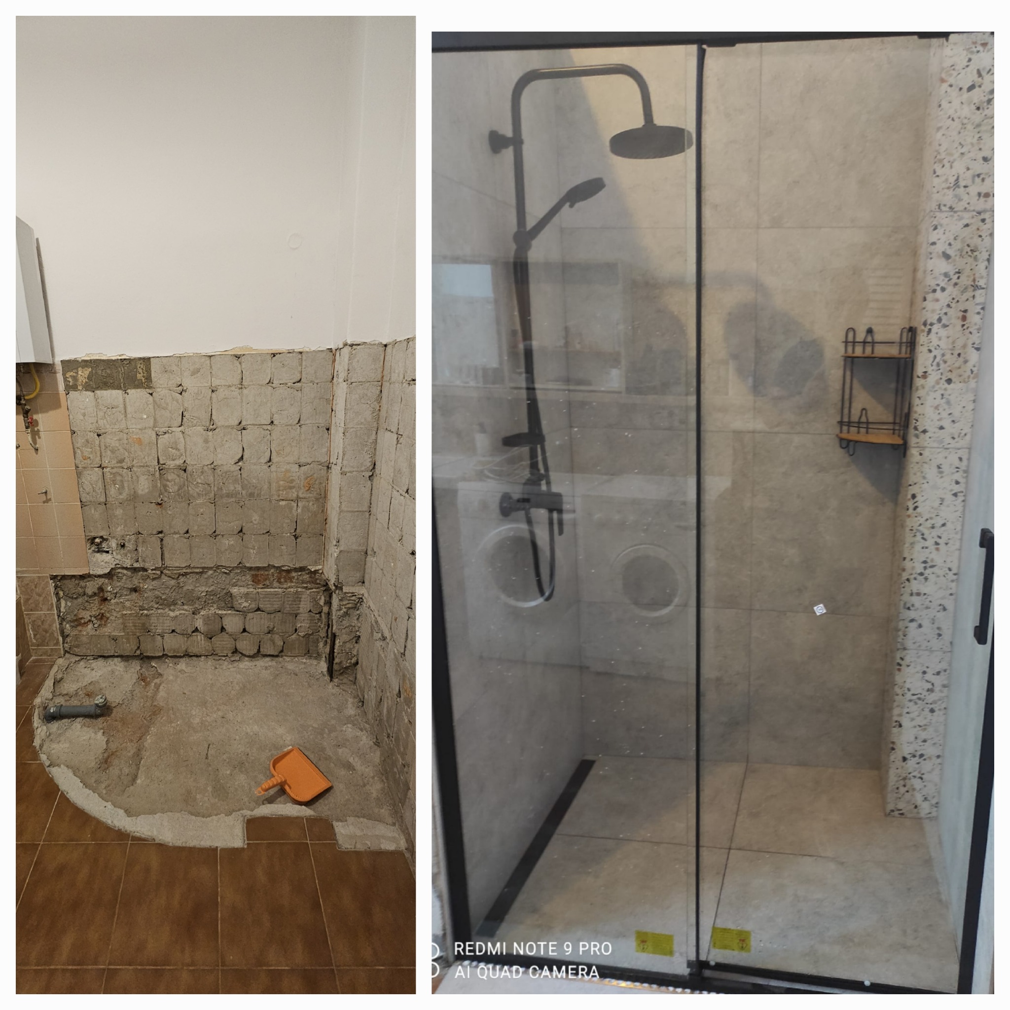 Porównanie stanu łazienki przed i po remoncie: zdemontowane płytki i gruz po lewej, kabina prysznicowa z czarną armaturą i jasnymi płytkami po prawej stronie.