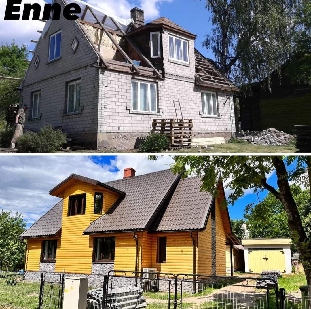 Porównanie domu przed i po remoncie: od surowej konstrukcji z częściowo zdjętym dachem do wykończonej, ocieplonej elewacji w odcieniach żółci i brązu z nowym dachem.