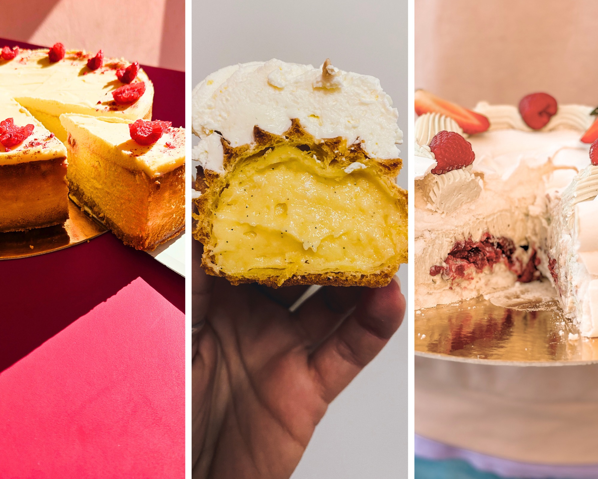 Kompozycja trzech ujęć: sernik z malinami na czerwonym tle, przekrojone ciastko z kremem waniliowym trzymane w dłoni, tort śmietankowy z malinami i truskawkami na złotym podkładzie.