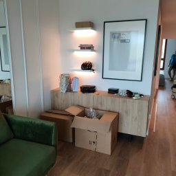 WoodenArt by Dominik Bichta - Jasna komoda z drewnianymi frontami, na niej ozdoby i przedmioty, nad nią półki z podświetleniem, obok zielony fotel i kartony, w tle osoba w przejściu.