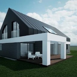 BProjekt Biuro Projektowe mgr inż. Bartosz Bartosiewicz - Wizualizacja nowoczesnego domu jednorodzinnego z czarnym, spadzistym dachem i białymi elementami wykończeniowymi, z przeszklonym balkonem i tarasem z białymi kolumnami, otoczonego zielonym...