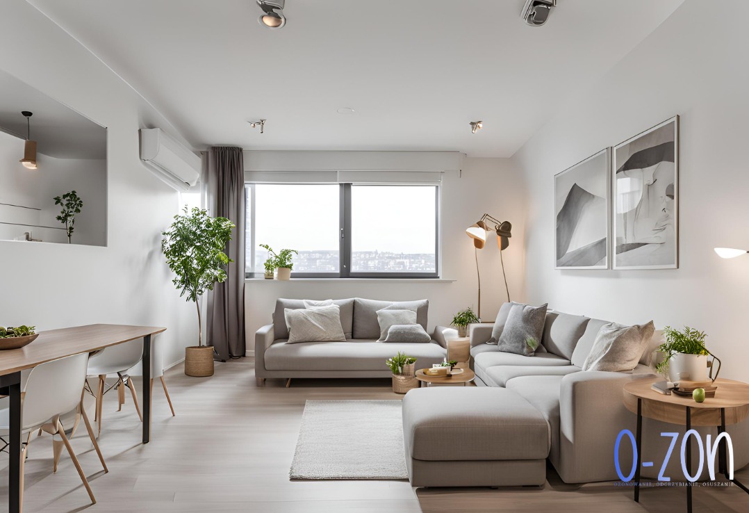 Jasne, minimalistyczne wnętrze salonu z szarą sofą narożną, drewnianym stołem jadalnym z białymi krzesłami i licznymi roślinami doniczkowymi, oświetlone światłem dziennym i punktowymi lampami...