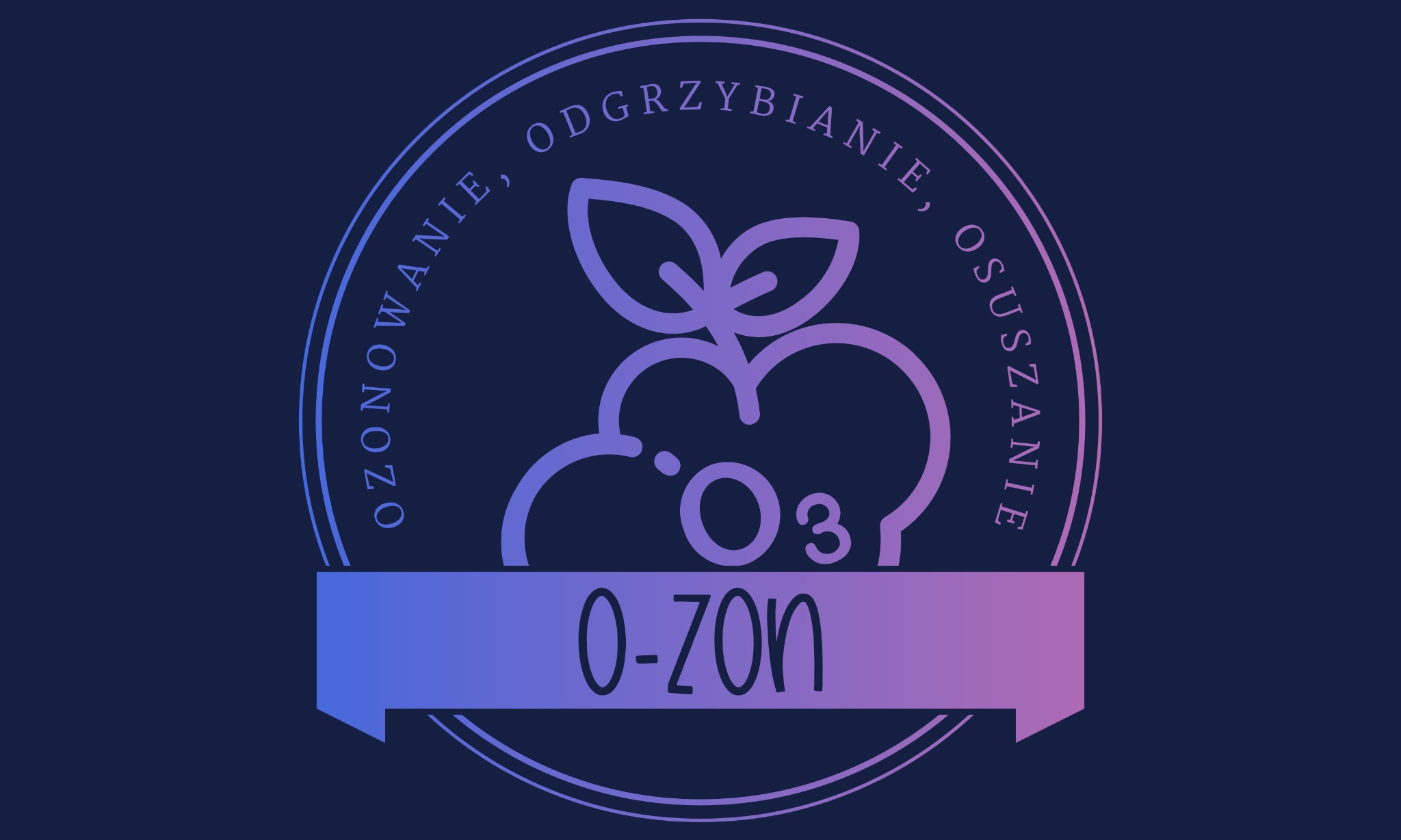 Graficzne logo firmy z Szczecina oferującej ozonowanie, odgrzybianie i osuszanie, z motywem chmurki i wzorem chemicznym O3 na ciemnoniebieskim tle.