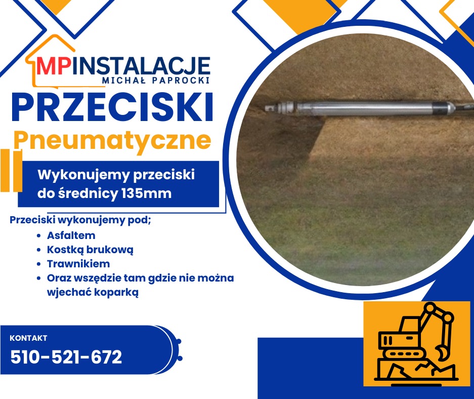 Reklama firmy MP Instalacje oferującej przeciski pneumatyczne do średnicy 135mm pod asfaltem, kostką brukową i trawnikiem, prezentująca narzędzie do przecisków w okrągłym obramowaniu.