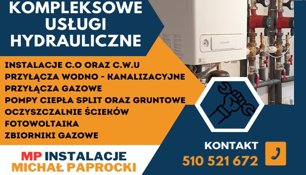 Grafika reklamowa firmy hydraulicznej z kotłem gazowym, pompami obiegowymi i schematycznym rysunkiem dłoni trzymającej klucz francuski.
