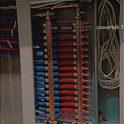 BARTŁOMIEJ PŁOTKA Hydro-Bar - Rozdzielacz ogrzewania podłogowego z licznymi czerwonymi i niebieskimi rurkami, zamontowany w skrzynce w surowym stanie, widok z dołu na ścianę z widoczną fakturą betonu.