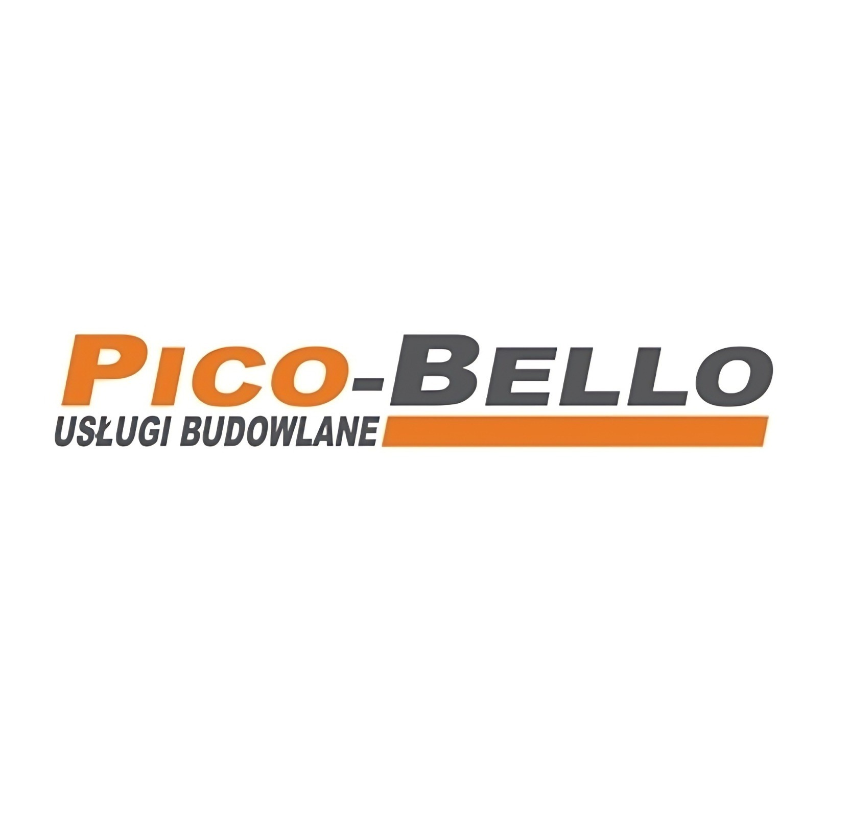 Logo firmy budowlanej Pico-Bello z pomarańczowo-szarym napisem i hasłem 'Usługi Budowlane'.