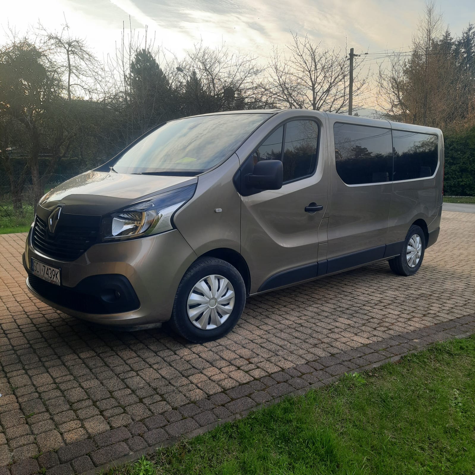 Brązowy van Renault Trafic z przyciemnianymi szybami, zaparkowany na brukowanej nawierzchni z zielonym trawnikiem w tle.