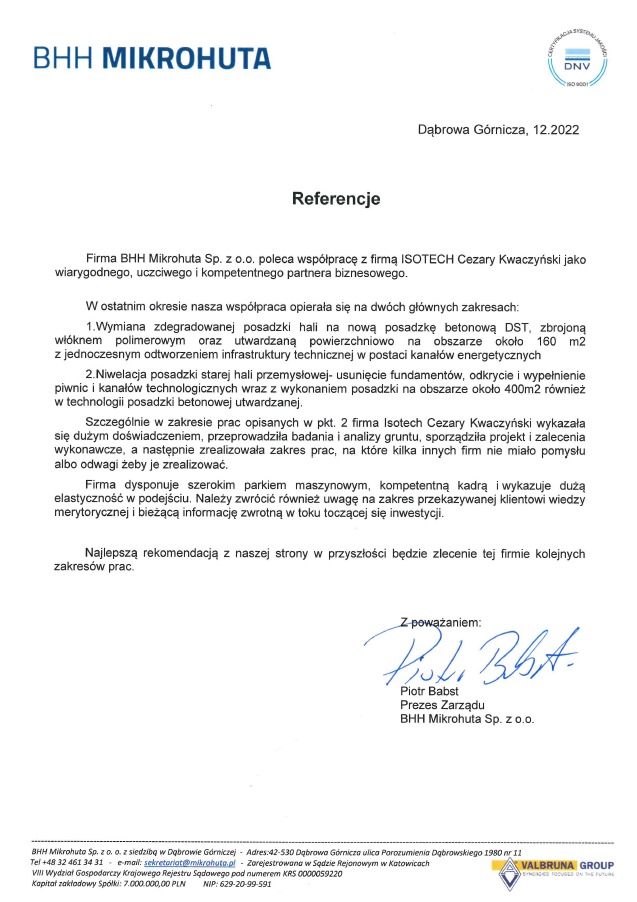 Skan dokumentu referencyjnego firmy BHH Mikrohuta Sp. z o.o., potwierdzającego współpracę z firmą ISOTECH Cezary Kwaczyński przy wymianie i niwelacji posadzek w hali przemysłowej, datowany na 12.2022.