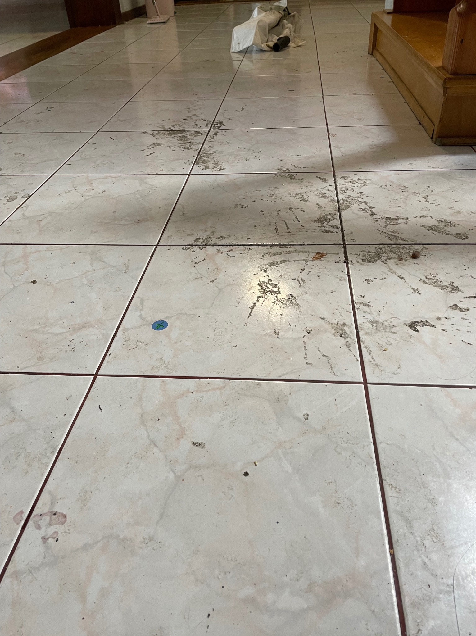 Zabrudzona podłoga z płytek ceramicznych po remoncie, widoczne resztki farby i gruzu, niebieska naklejka na jednej z płytek, ujęcie z niskiego kąta.